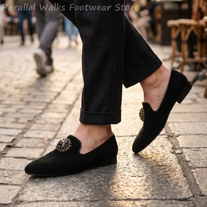Men Shoes Formal - メンズスエードローファー ラインストーンクリスタル装飾 スリップオン ドレスシューズ ローヒール フォーマル