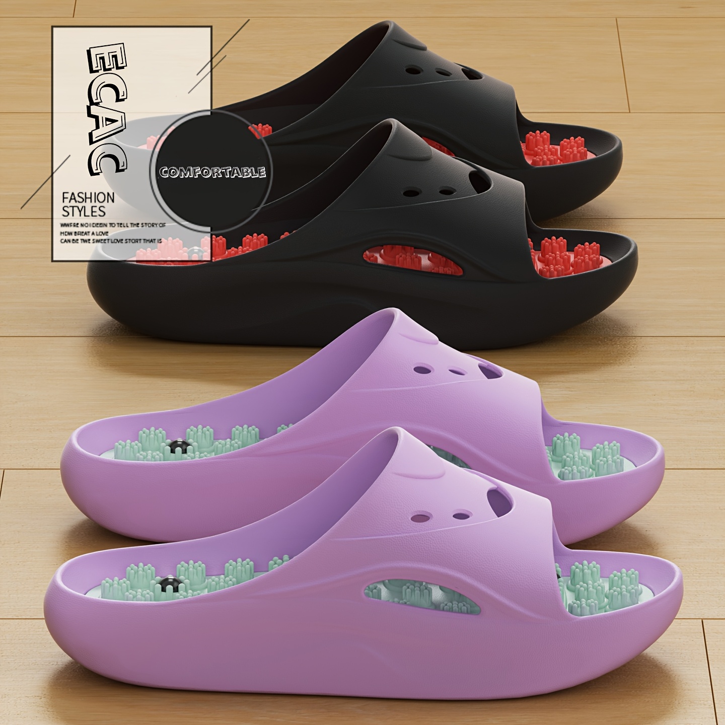 Men Shoes On - 女性男性用EVAマッサージスリッパ厚底バスルームスライド滑り止めシャワーサンダルソフトクッションホーム屋内屋外ビーチシューズ