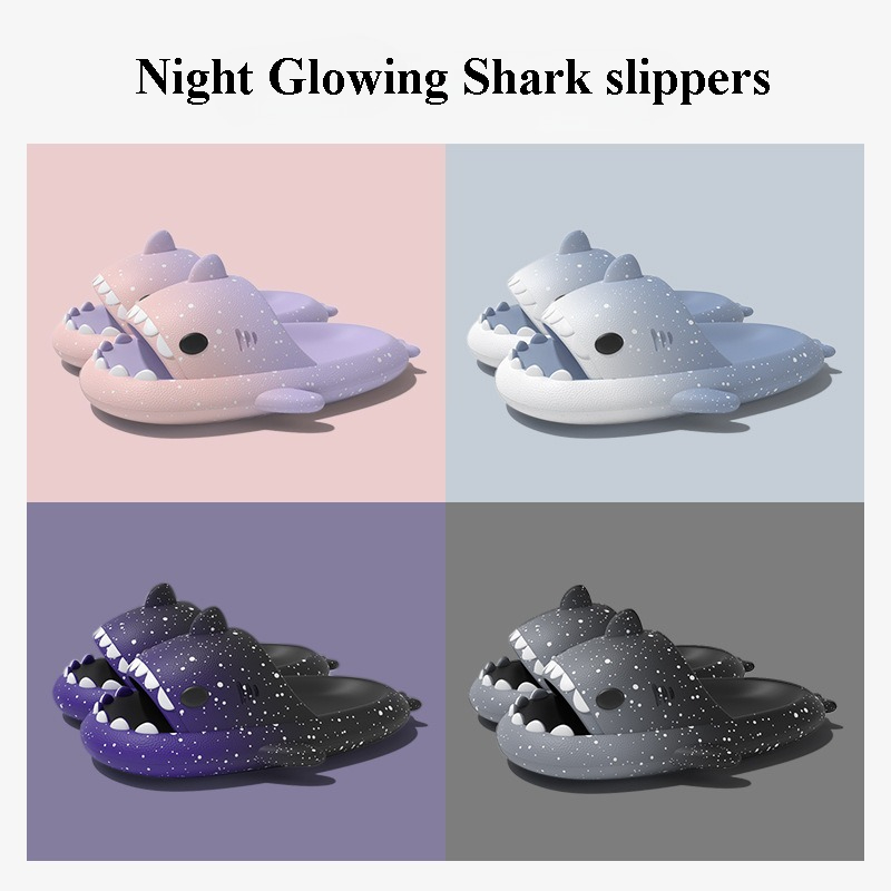 Men'S Shoes In Style - かわいい漫画サメスリッパ女性男性のためのグラデーションカラー夏のプラットフォームシューズ夜の光るスタイルカップルホームストリートスライド