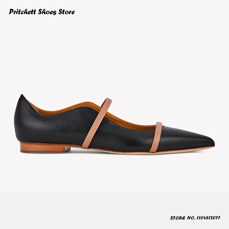 Men Shoes On - レディース ダブルストラップ レザー バレエシューズ ポインテッドトゥ スクエアヒール