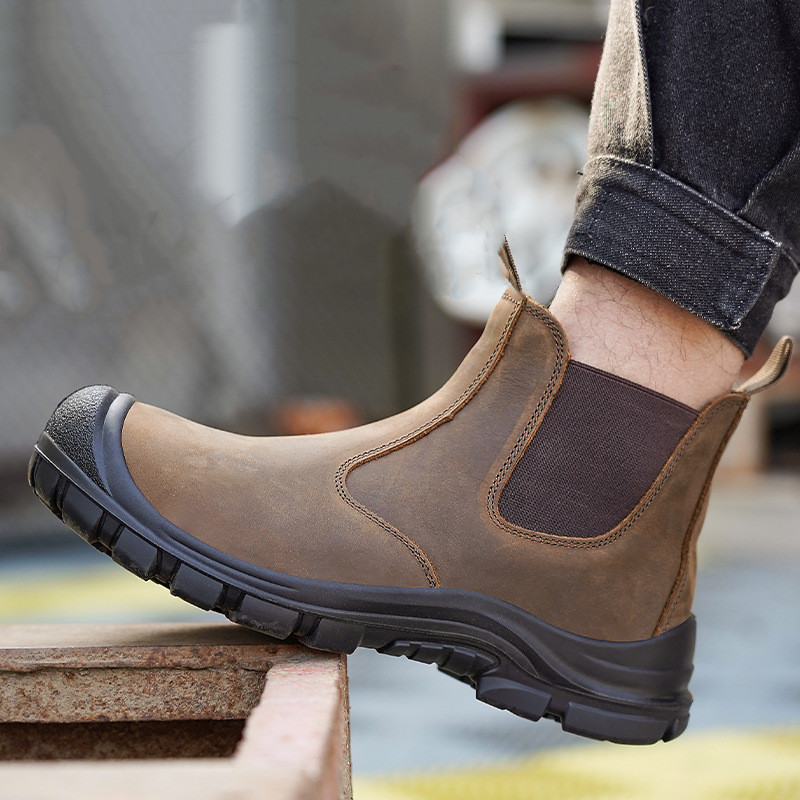 Men Shoes Office - 大きいサイズのメンズファッション、スチールトゥカバー付きワークブーツ、牛革安全靴、黒と茶色の作業用チェルシーブーツ、保護靴