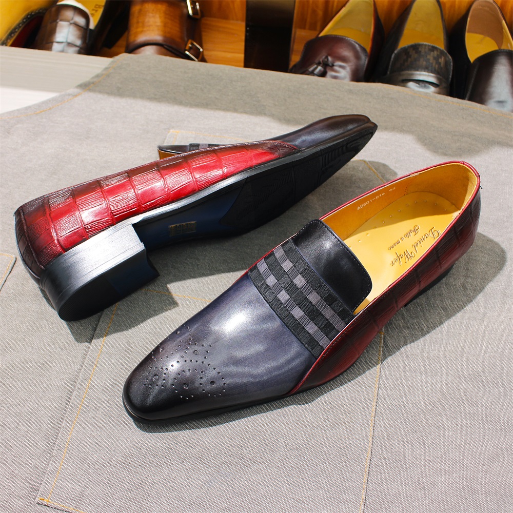 Men Shoes Red Tape - メンズファッションローファー牛革グレーレッド混合ストライプ弾性バンドカジュアルシューズ紳士パーティー結婚式の靴