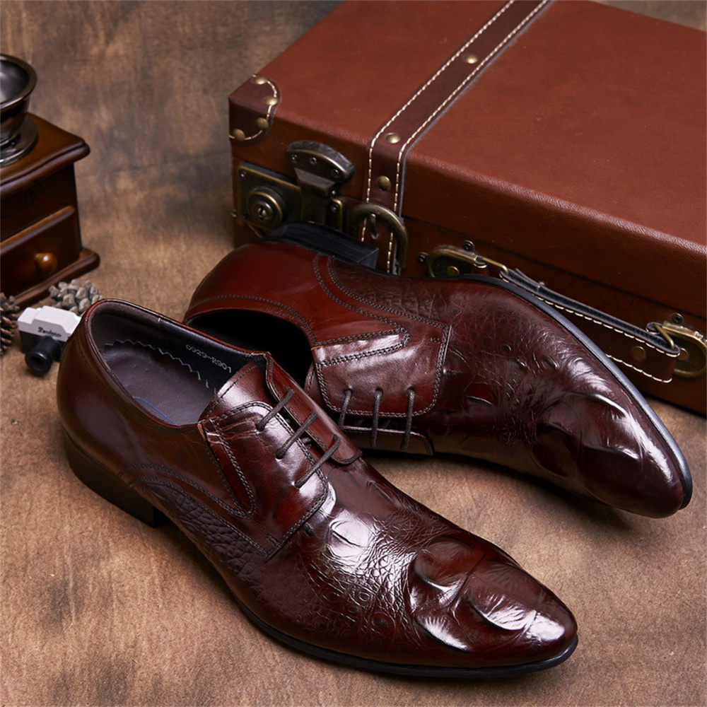 Men Shoes Formal - 牛革型押しクロコダイル柄ブリティッシュスタイルメンズポインテッドトゥレザーシューズ本革レースアップビジネスフォーマルシューズ