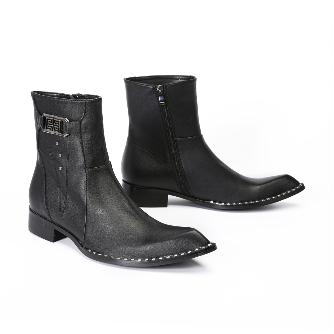 ファッション黒ポインテッドトゥ男性本革アンクルブーツ男性ジッ - Men Shoes Formal のレビューと価格