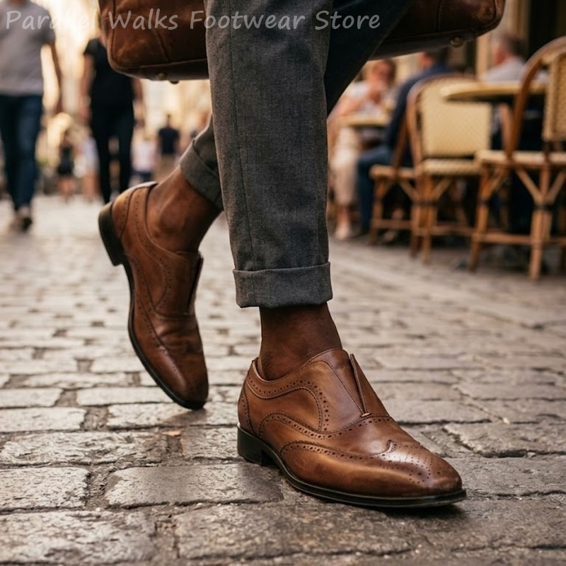 メンズブラウンレザーブローグシューズスリッポン弾性穴あきウィ - Men Shoes Formal のレビューと価格