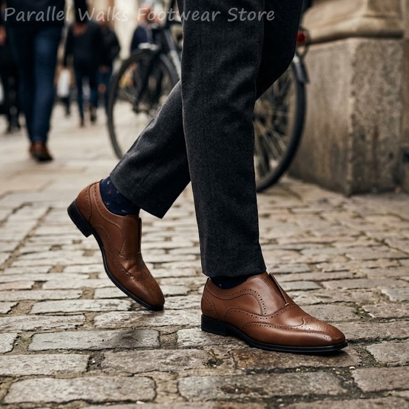 メンズブラウンレザーブローグシューズスリッポン弾性穴あきウィ - Men Shoes Formal のレビューと価格